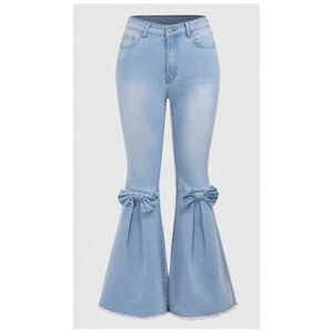 Romwe Bow Knee Flare Jeans Womens L Cotton Blend Light Wash High Rise Coquette